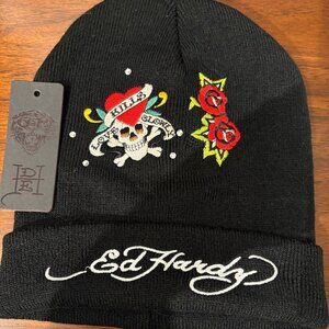 Ed Hardy NWT Cuff Beanie Hat Embroidered Streetwear Winter